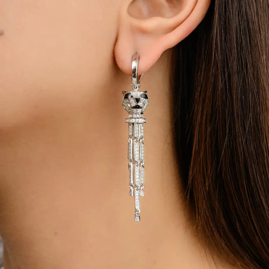 Exquisite Jewelry Solid 14K White Gold Natural Diamond Panther Dangle Earrings Unique Design