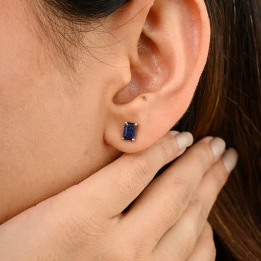 Baguette Shape Handmade Blue Sapphire Solid 14K White Gold Stud Earrings