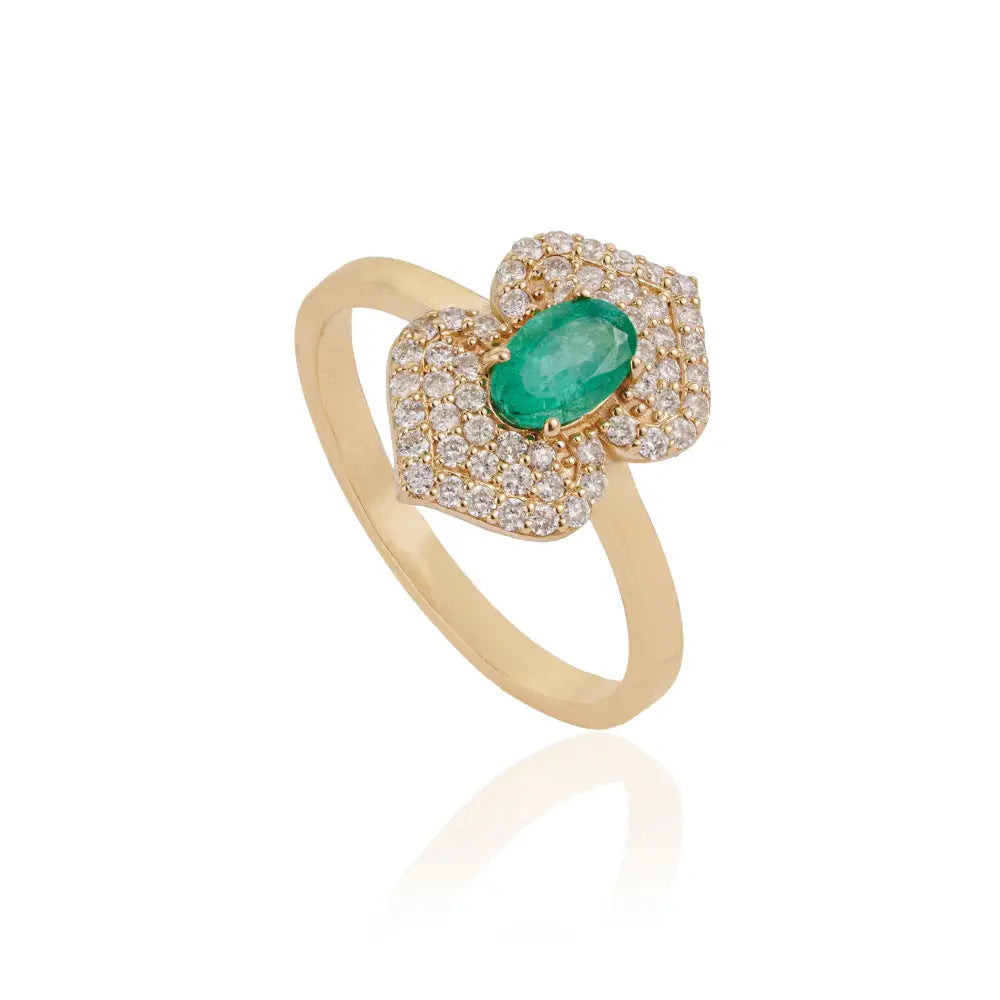 High End Quality Emerald & Diamond Solid K14 Yellow Gold Double Cluster Ring Wedding Jewelry