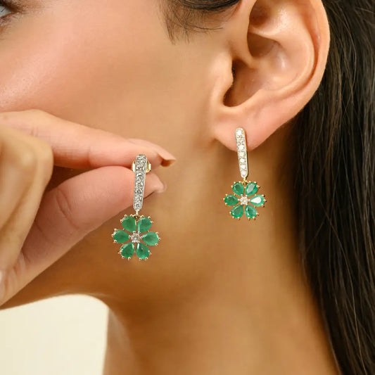 Flower Shape Drop Earrings Featuring In Emerald & Diamond K18 Yellow Gold Designer Jewelry