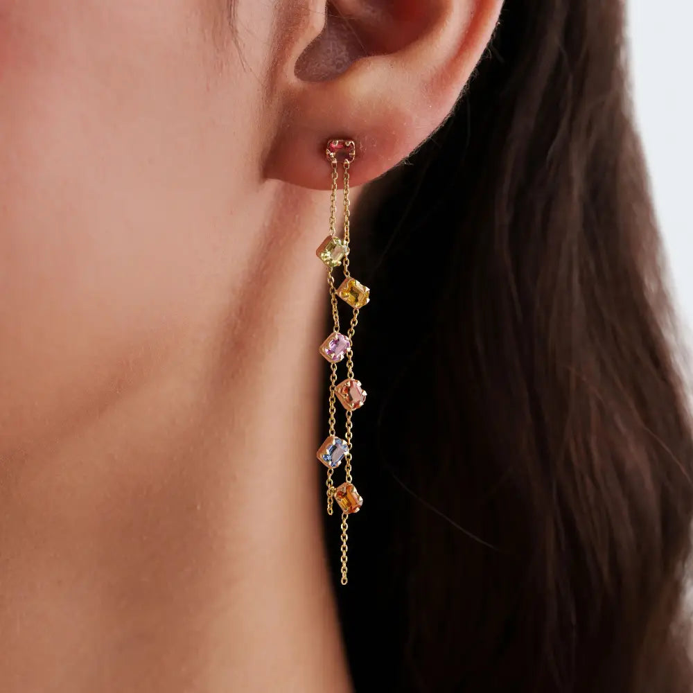 14K Yellow Gold Rainbow Multi Sapphire Double Link Chain Dangle Earrings For Wedding