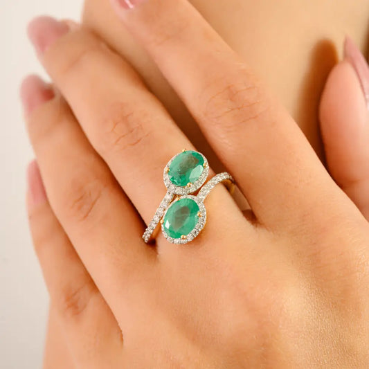 Statement Jewelry Solid 14K Yellow Gold Natural Emerald & Diamond Bypass Ring Unisex