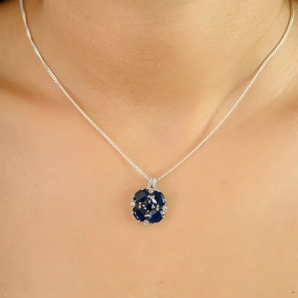September Birthstone 14K White Gold Blue Sapphire & Diamond Gemstone Pendant Fine Jewelry