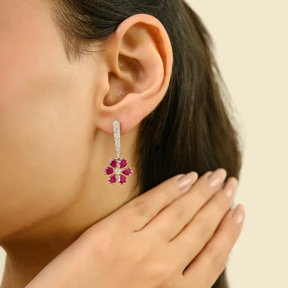 Pear Shape Ruby & Diamond Flower Design Drop Women Earrings 18K White Gold Jewelry