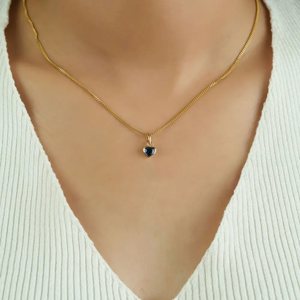 Delicate Blue Sapphire 14K Solid Yellow Gold Heart Shape Minimal Pendant Gift For Her Jewelry
