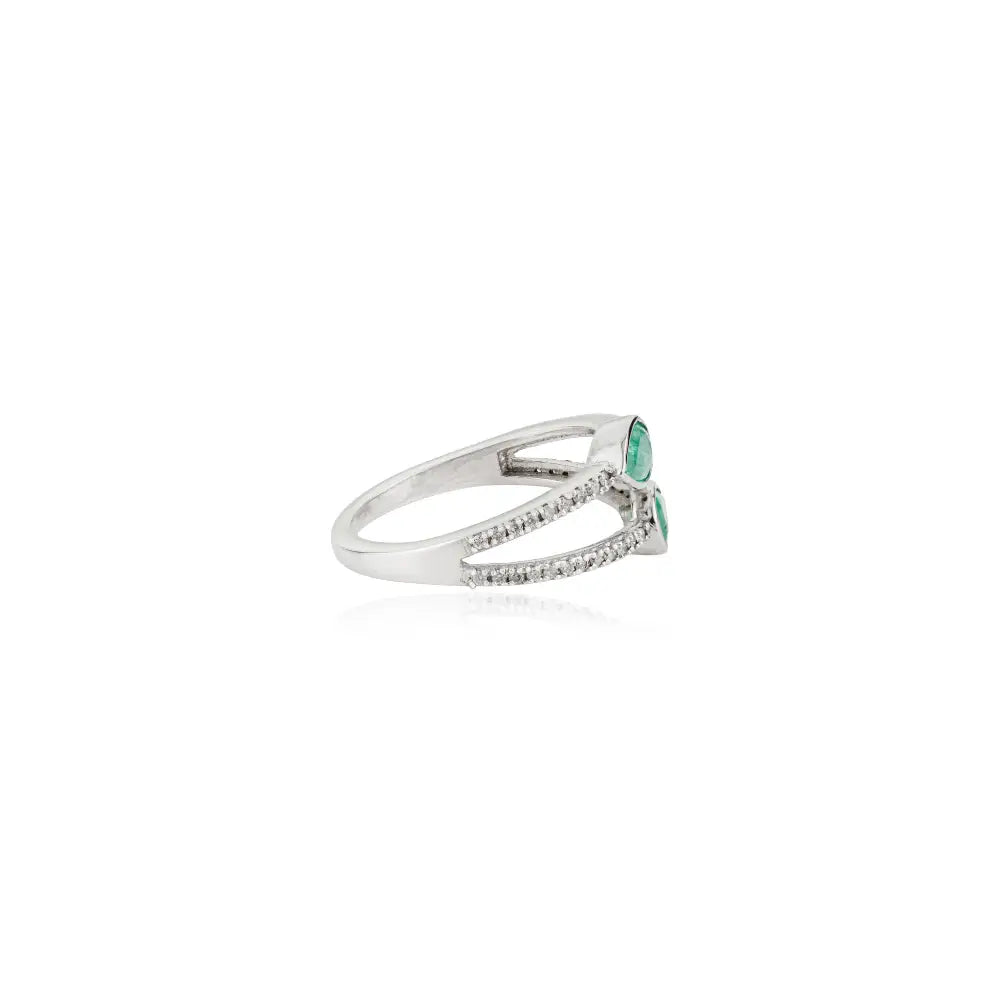 100% Real Emerald & Diamond Double Band Ring Handmade K14 Solid White Gold Latest Jewelry