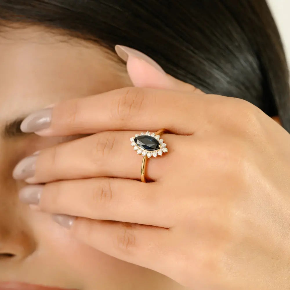 Unique Blue Sapphire & Diamond Marquise Shape Cluster Ring Unisex Real K18 Yellow Gold