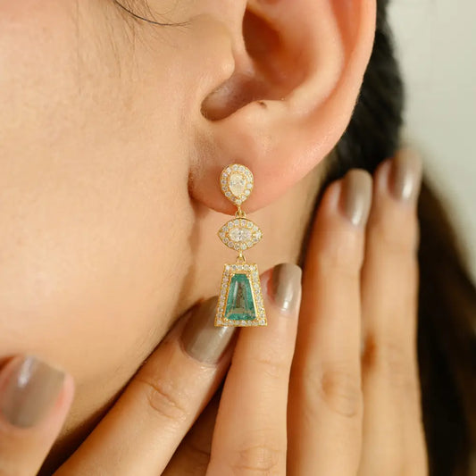 New Style 18K Yellow Gold Emerald & Diamond Statement Dangle Earrings Handmade Jewelry
