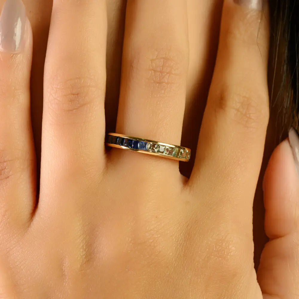 Stunning Square Cut Multi Sapphire Channel Set Full Eternity Band Ring K14 Real Yellow Gold