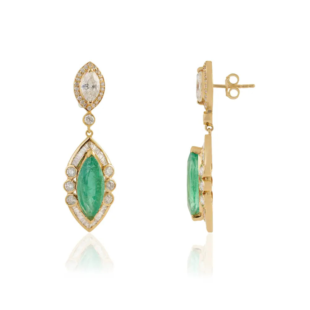 Luxurious Emerald & Diamond Marquise Shape Dangle Earrings Bold Jewelry 14K Yellow Gold