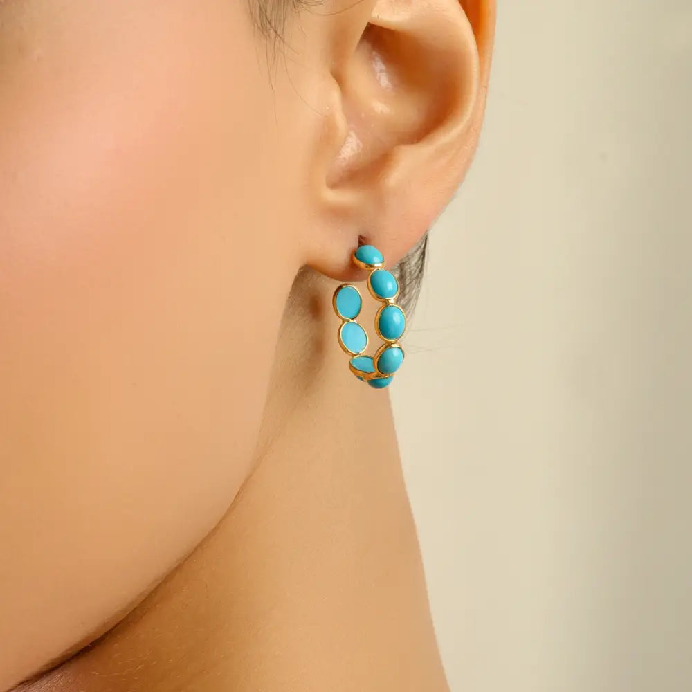 Cabochon Cut Gemstone Turquoise C Shape Hoop Earrings For Daily Wear 18K Real Gold
