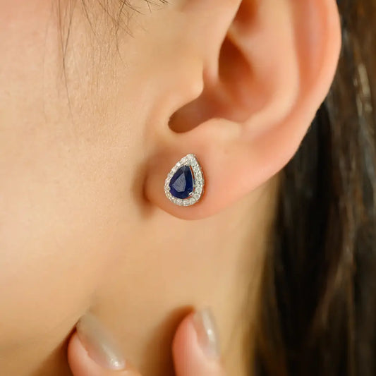 Solid K18 White Gold Blue Sapphire & Diamond Minimal Pear Shape Halo Stud Earrings Women's