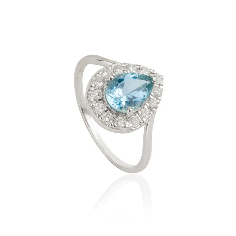 Latest Design Genuine Aquamarine & Diamond Pear Shape Halo Ring 14K Solid White Gold