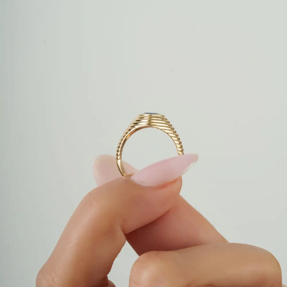 Gypsy Set Blue Sapphire Gemstone Heaty Shape Croissant Pinky Ring 14K Yellow Gold Jewelry