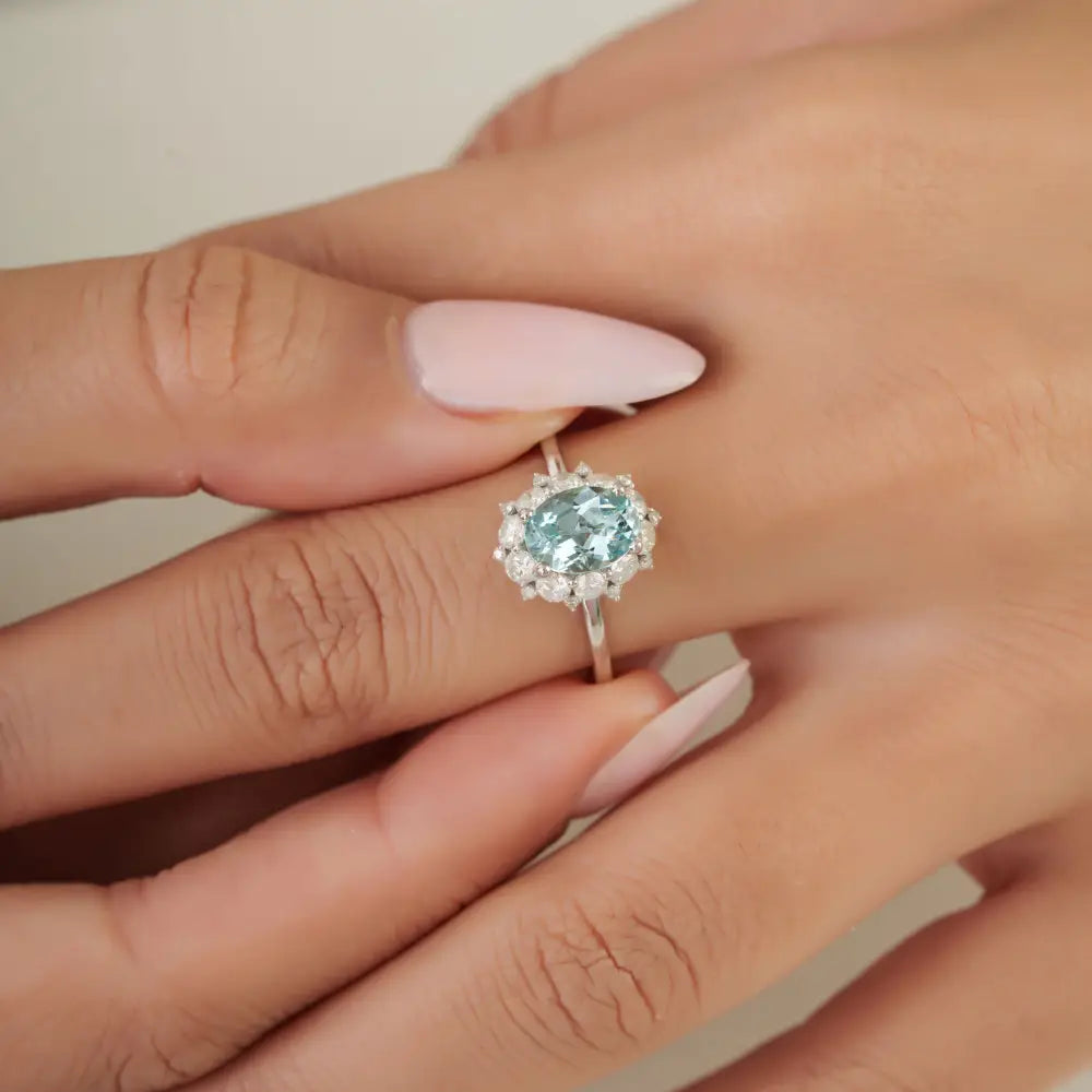 Prong Set Aquamarine & Diamond Cluster Ring New Trendy 14K White Gold Fine Jewelry