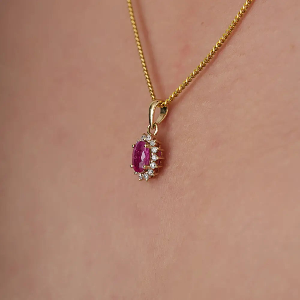 July Birthstone Real Ruby & Diamond 14K Yellow Gold Cluster Pendant Anniversary Gift
