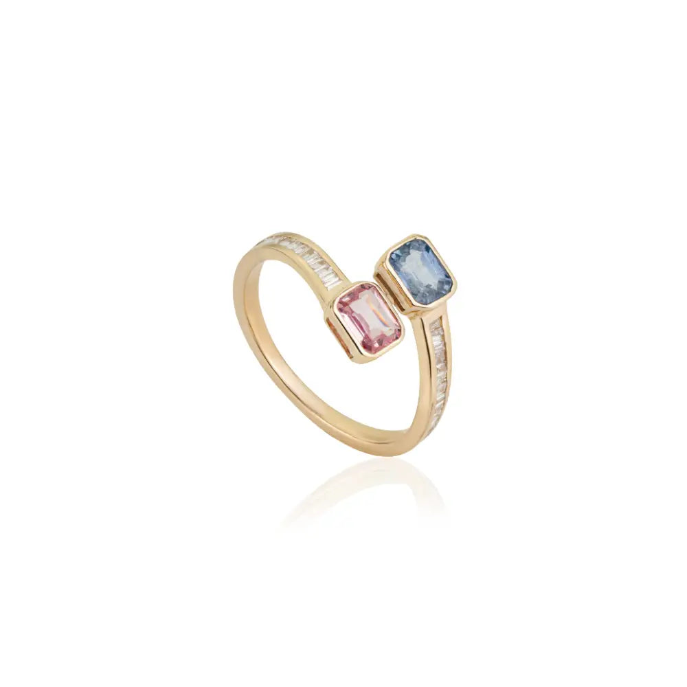 Rainbow Multi Sapphire & Diamond Bypass Ring Birthstone Jewelry 14K Solid Yellow Gold