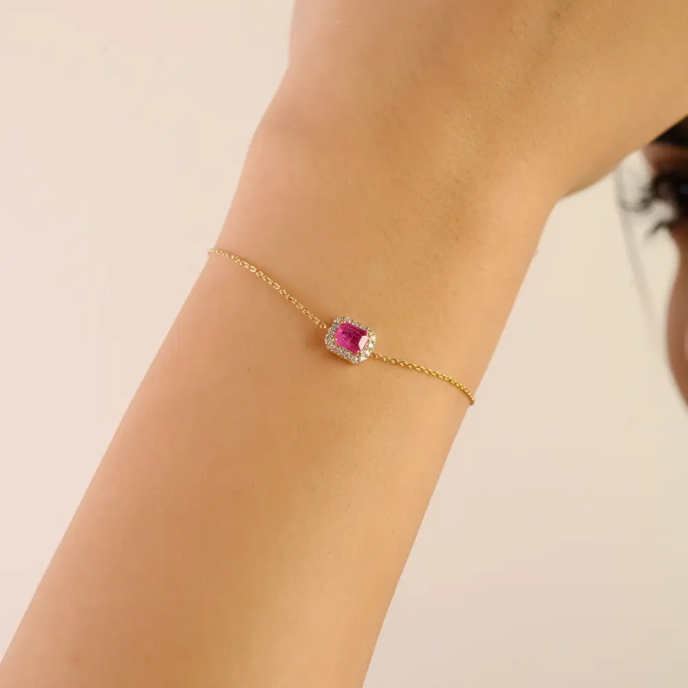 Prong Setting Ruby & Diamond 14K Real Gold Solitaire Halo Bracelet Gift For Wife New Collection