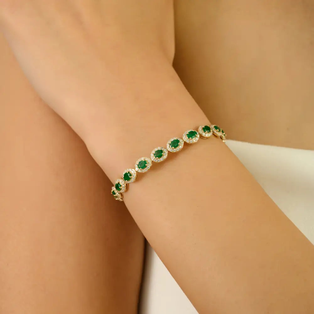 4x3 mm Oval Cut Emerald & Diamond Halo Tennis Bracelet Wedding Gift 14K Yellow Gold