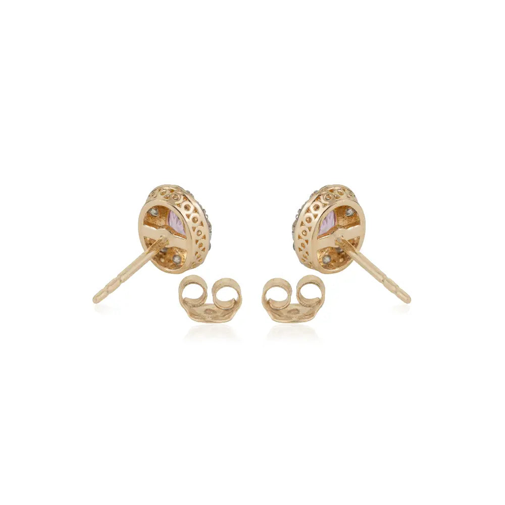 Natural Pink Sapphire & Diamond  Minimal Dainty Halo Stud Earrings K14 Solid Yellow Gold