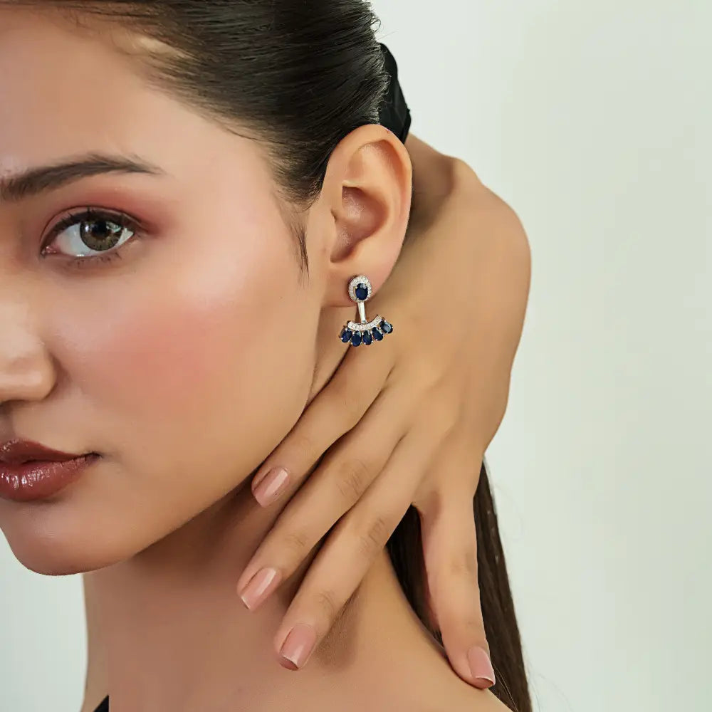 14K White Gold Blue Sapphire & Diamond Curved Shape Convertible Stud to Drop Earrings