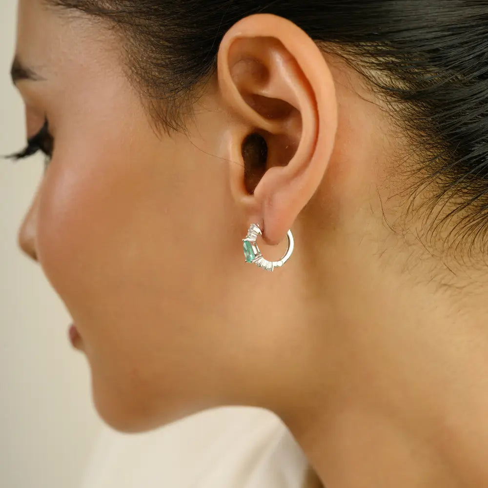Prong Setting Emerald & Diamond Small Hoop Earrings Everyday Jewelry K14 White Gold