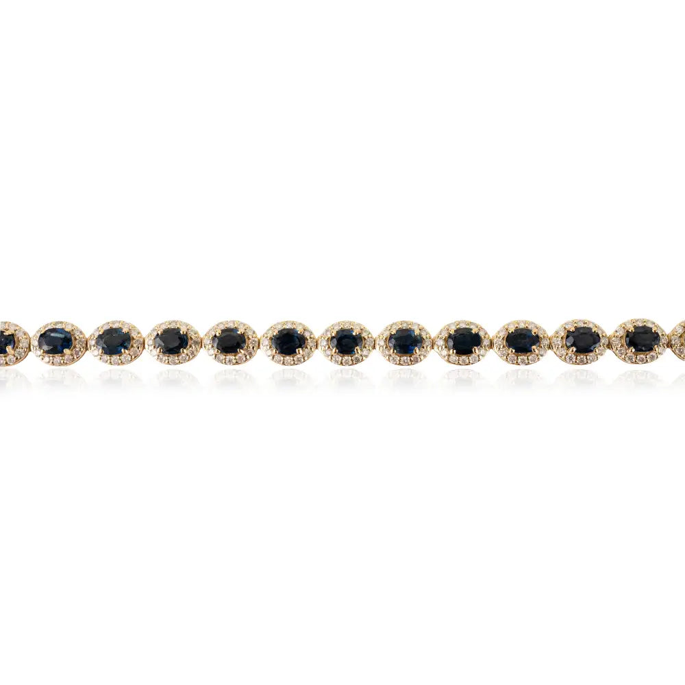 Oval Shape Blue Sapphire & Round Cut Diamond 14K Solid Gold Halo Tennis Bracelet
