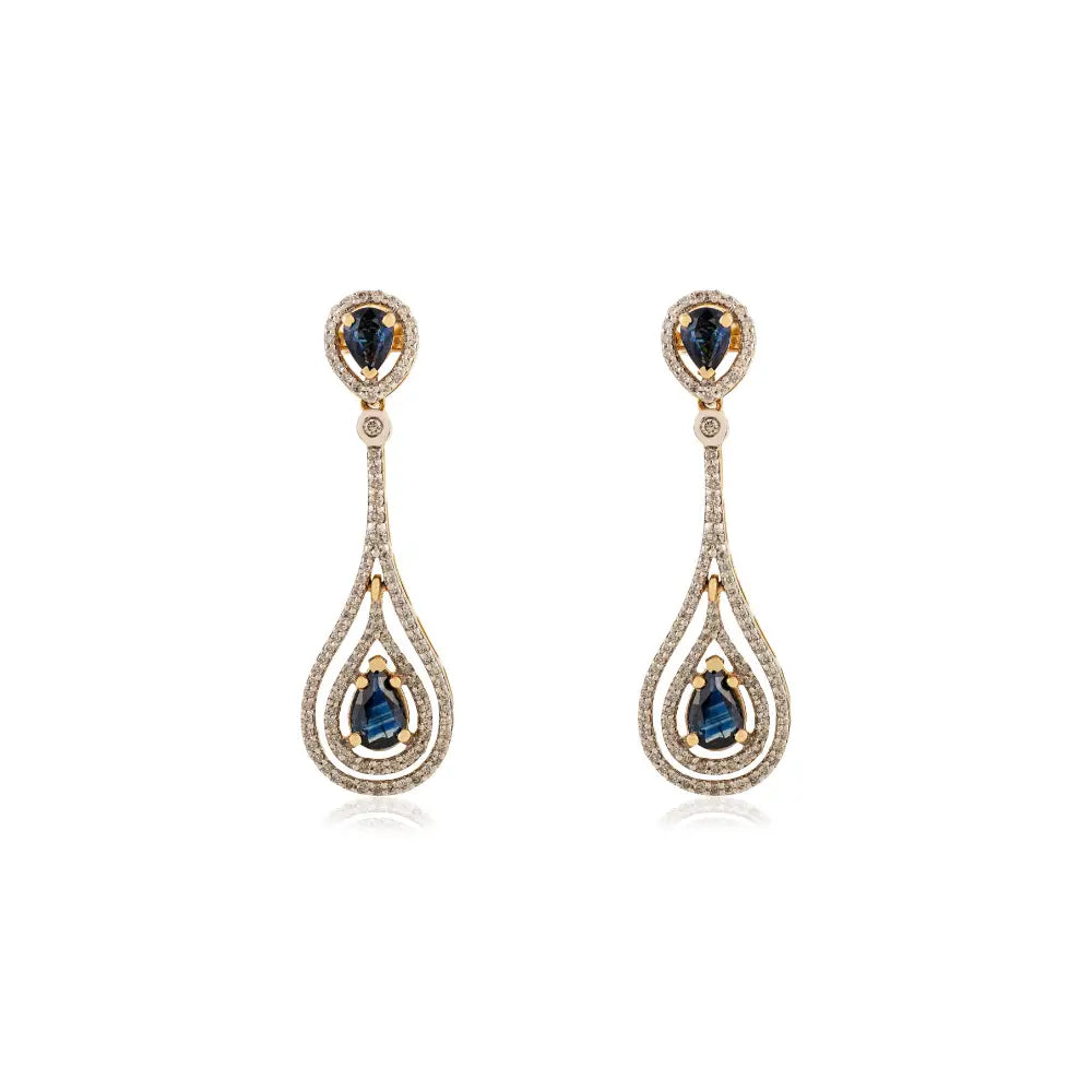 Unique Design Blue Sapphire & Diamond Teardrop Dangle Earrings Pure 18K Yellow Gold