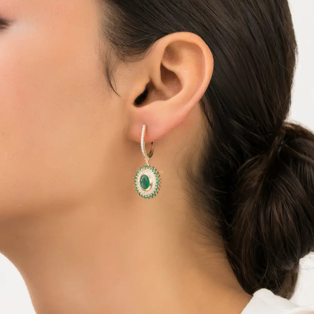 14K Real Yellow Gold 2.12 Ct. Zambian Emerald & Diamond Lever Back Hoop Drop Earrings