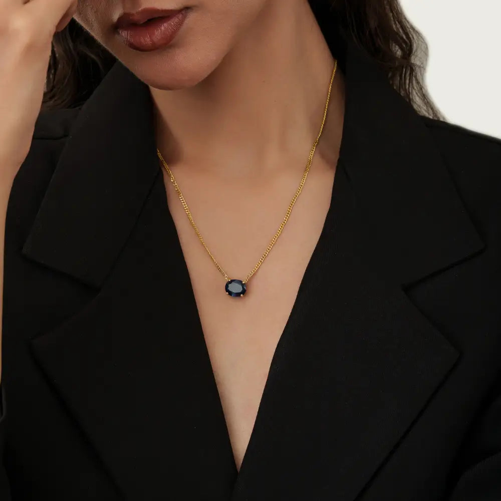 Prong Set Blue Sapphire Miami Cuban Chain Single Stone Pendant Necklace K14 Solid Yellow Gold