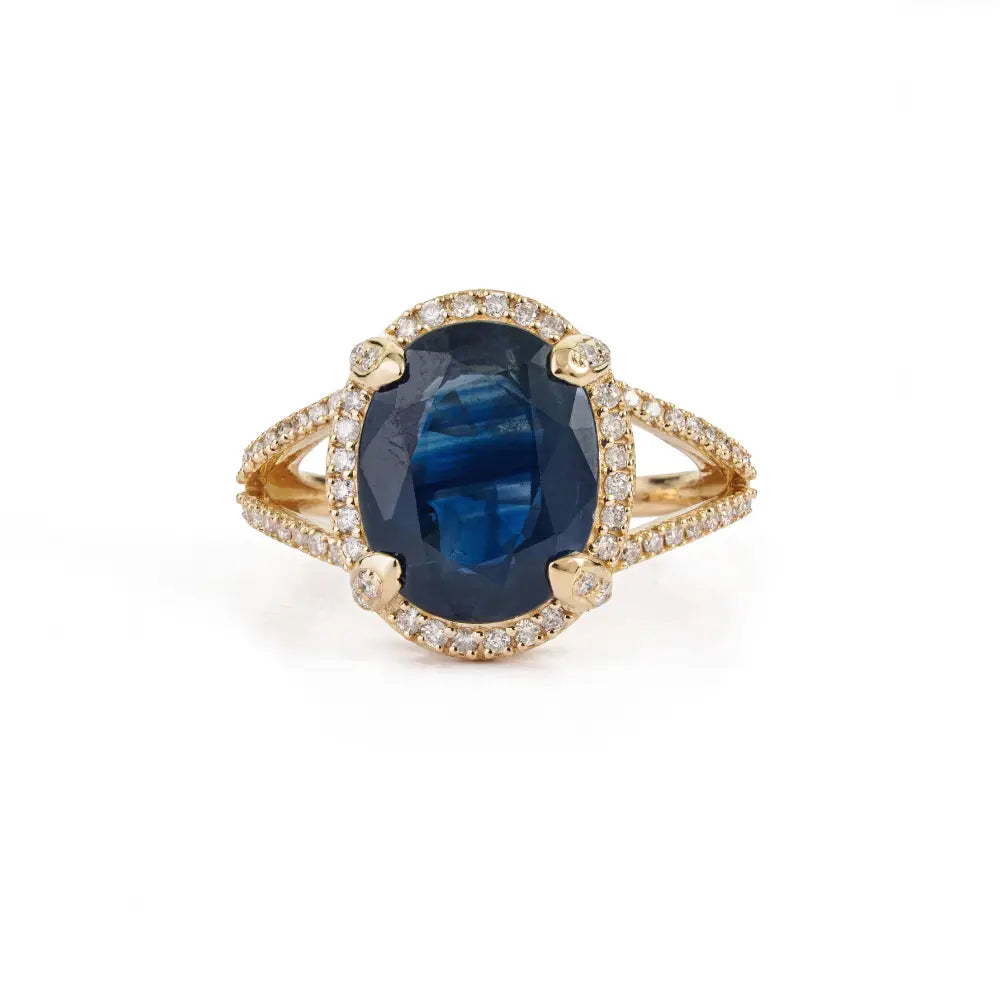 6.11ct. Blue Sapphire & Diamond Halo Split Shank Ring Wedding Bold Jewelry 14K Yellow Gold