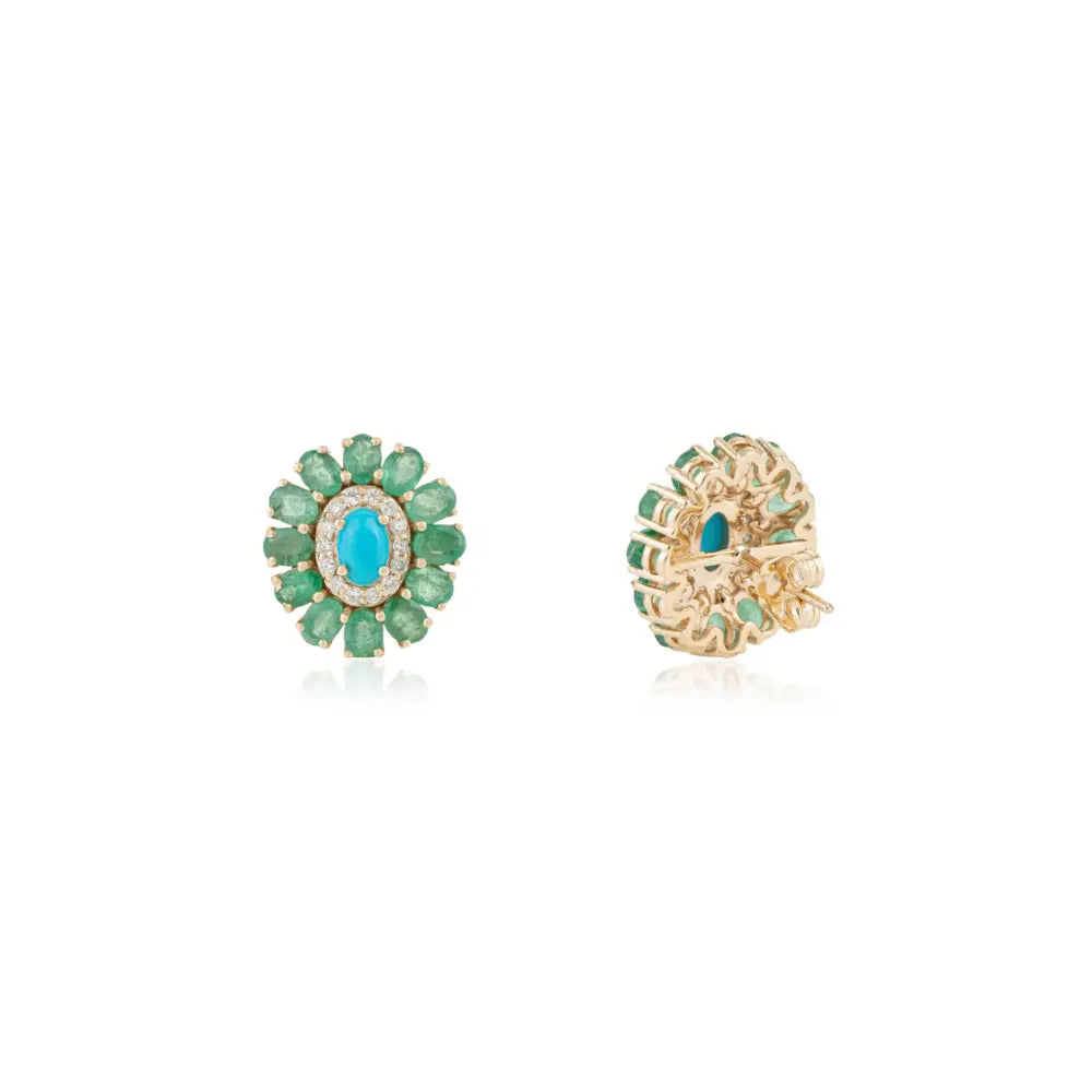Natural Gemstone Emerald Turquoise & Diamond Floral Halo Stud Earrings 14K Yellow Gold