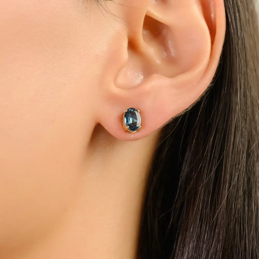 1.88 Ct. Blue Sapphire Oval Shape Single Stone Stud Earrings Real K14 Gold Elegant Jewelry