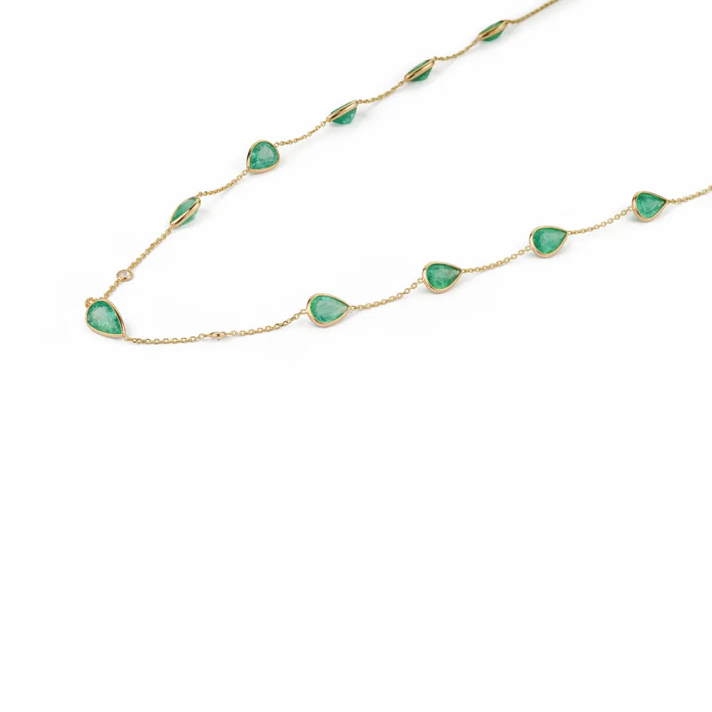 Pear Shape Emerald & Round Cut Diamond Simple Station Chain Necklace For Women's 14K Yellow Gold