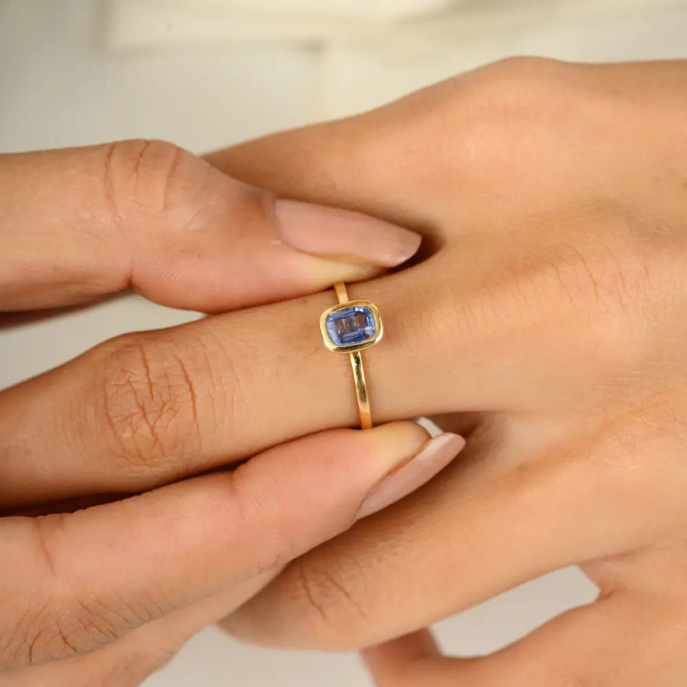 Minimal Octagon Cut Blue Sapphire Simple Design Single Stone Ring Real K14 Yellow Gold Jewelry