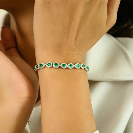 Zambian Emerald & Diamond Halo Tennis Bracelet Solid 14K White Gold Handmade Jewelry