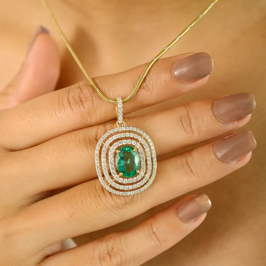 Luxurious Designer Emerald & Diamond Triple Halo Pendant Fine 18K Real Yellow Gold
