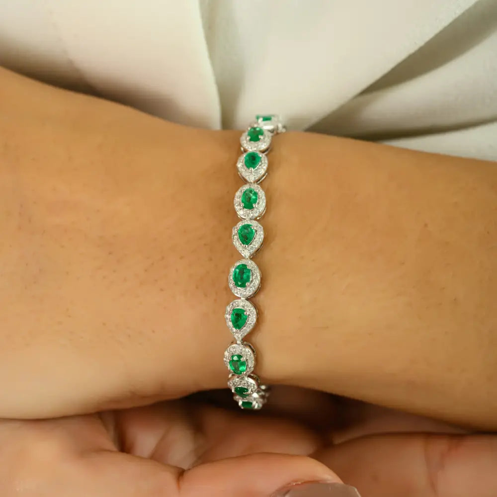Zambian Emerald & Diamond Halo Tennis Bracelet Solid 14K White Gold Handmade Jewelry