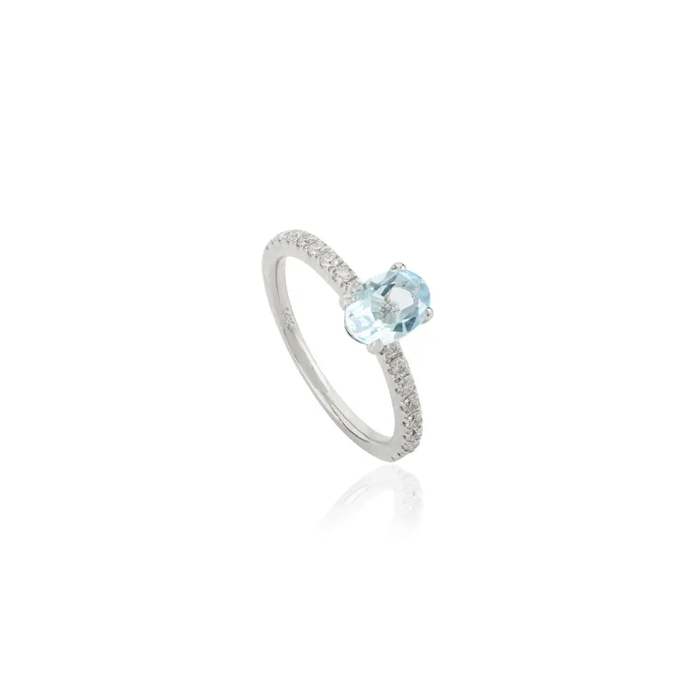 Oval Cut Blue Topaz & Diamond Prong Setting Engagement Ring Solid K14 White Gold Gemstone Jewelry