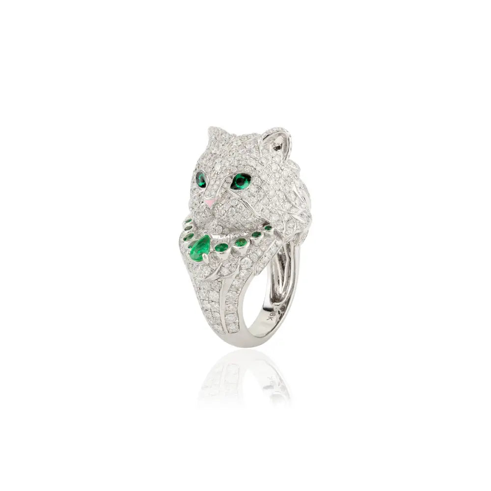 Emerald & Diamond Sparkle Animal Cat Ring Real K18 White Gold Bold Statement Jewelry