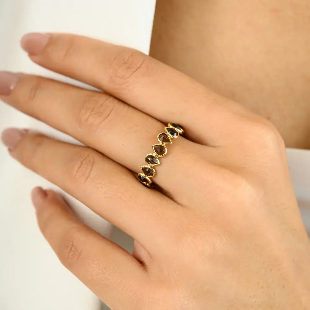 Pear Cut Smoky Topaz Classic Full Eternity Band Ring Fine 18K Gold Custom Gemstone Jewelry