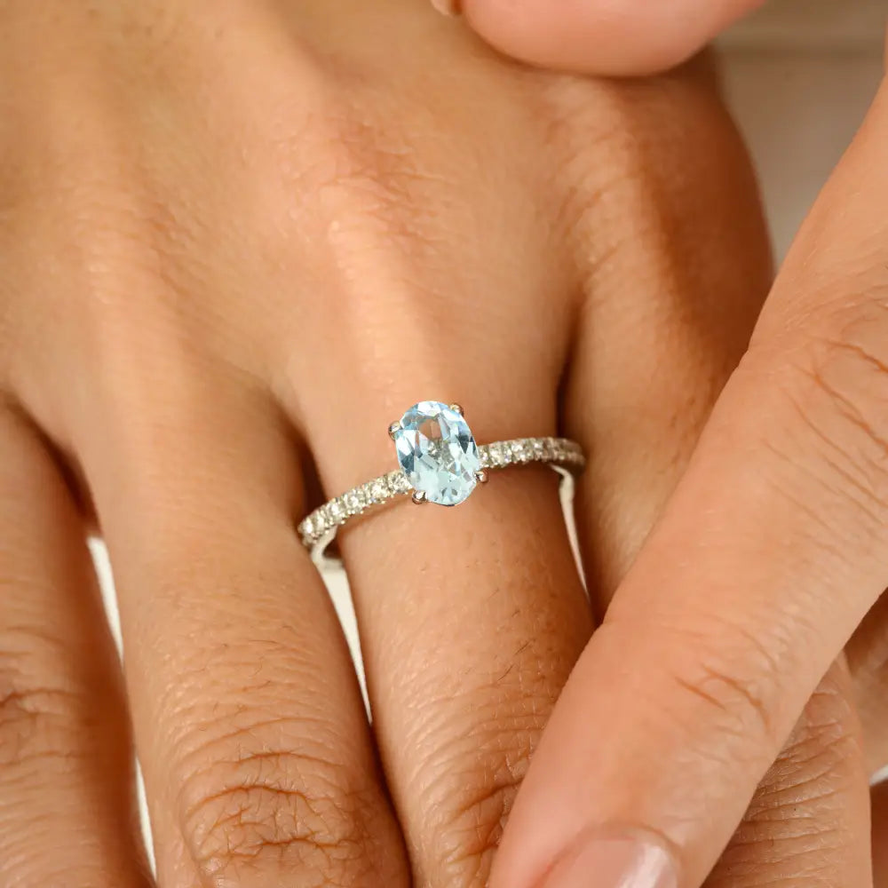 Oval Cut Blue Topaz & Diamond Prong Setting Engagement Ring Solid K14 White Gold Gemstone Jewelry
