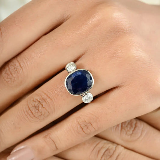 Bezel Setting Fine Blue Sapphire & Diamond Three Stone Ring Trending Handmade Jewelry