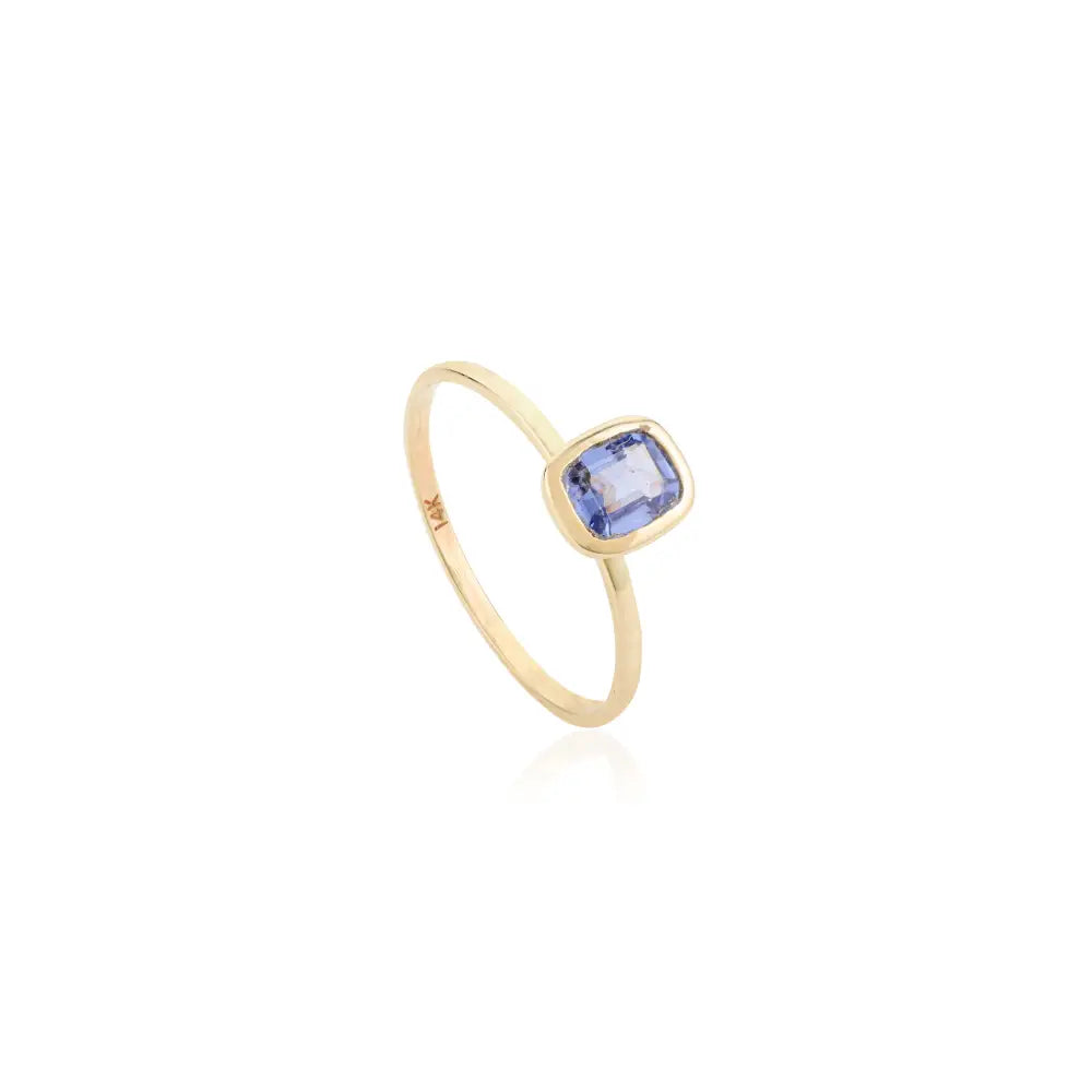 Minimal Octagon Cut Blue Sapphire Simple Design Single Stone Ring Real K14 Yellow Gold Jewelry