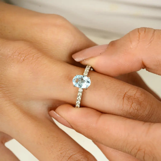 Oval Cut Blue Topaz & Diamond Prong Setting Engagement Ring Solid K14 White Gold Gemstone Jewelry