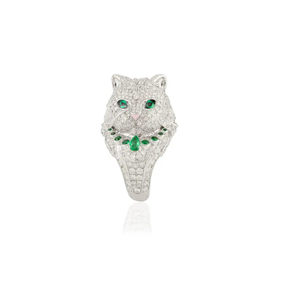 Emerald & Diamond Sparkle Animal Cat Ring Real K18 White Gold Bold Statement Jewelry
