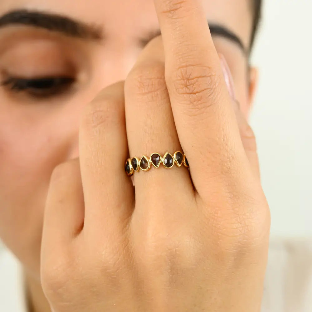 Pear Cut Smoky Topaz Classic Full Eternity Band Ring Fine 18K Gold Custom Gemstone Jewelry