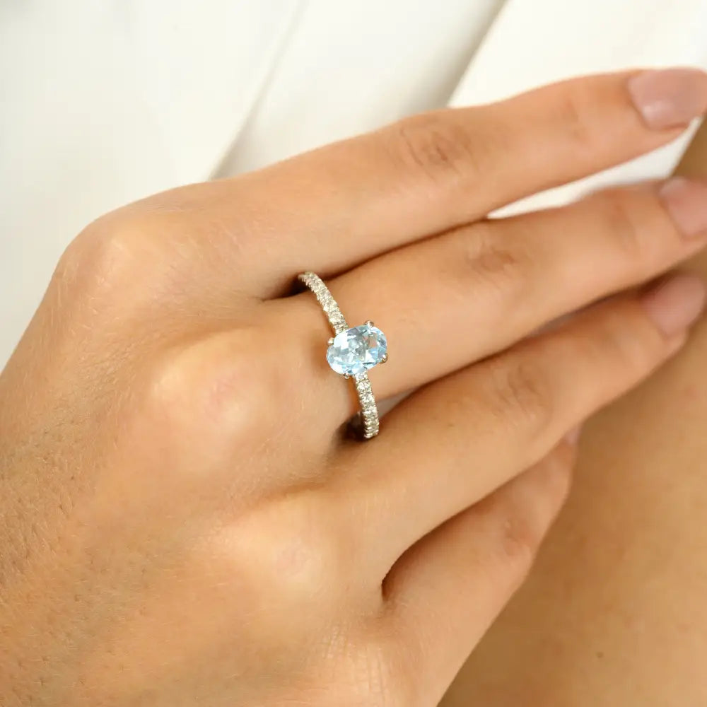 Oval Cut Blue Topaz & Diamond Prong Setting Engagement Ring Solid K14 White Gold Gemstone Jewelry