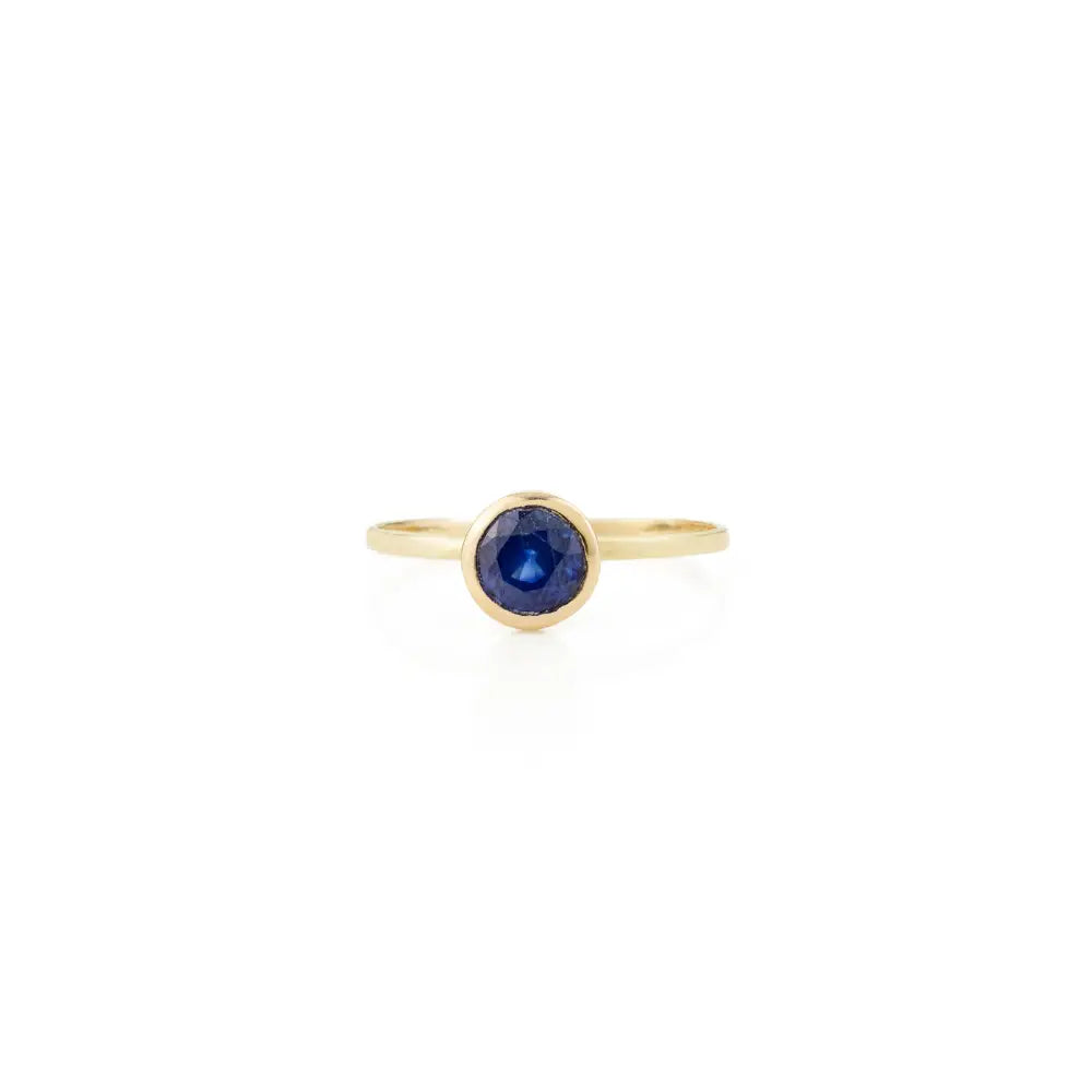 Round Cut Gemstone Natural Blue Sapphire Single Stone Bezel Set Ring Pure K14 Yellow Gold