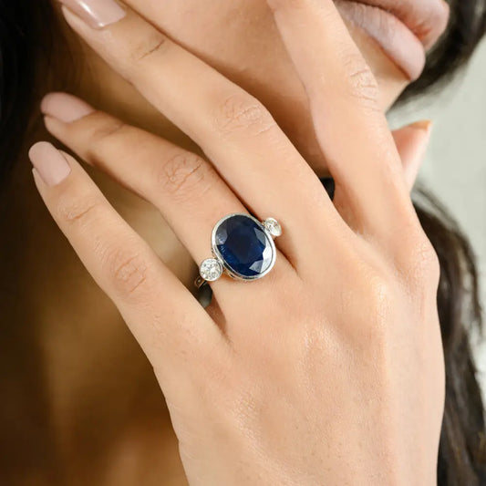 Precious Gemstone Blue Sapphire & Diamond Three Stone Ring 18K White Gold Jewelry